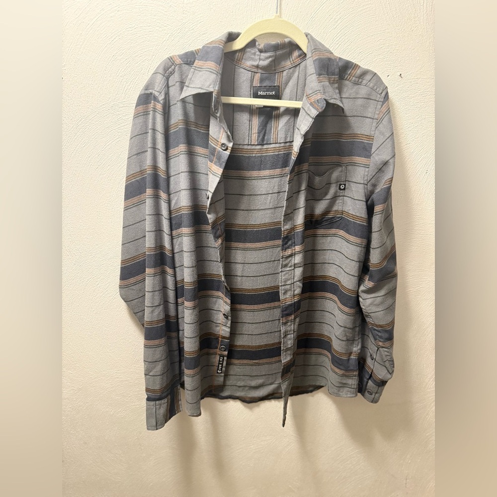 Marmot Men’s Striped Blue Brown Button-Up Shirt Outdoor Cabincore Flannel M NEW - Picture 6 of 10